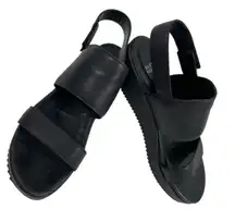 Eileen Fisher Wedge Sandal Women's Sz 9 Black Tumbled Leather Hook‎ Loop Closure
