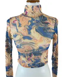 Nasty Gal Marble Print Mesh Turtleneck Crop Top XS Y2K Sheer Fitted