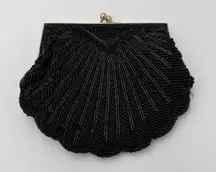 Vintage Joan Bari Black Beaded Clutch Shell Gold Evening Pouch Bag