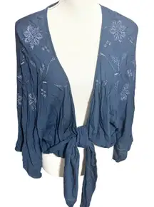 Lucky Brand Teal Green Embroidered Wrap Tie Front Blouse Sz XS/S Boho