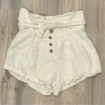 BNDI White Paperbag Belted High Rise Button Fly Linen Blend Cuff Shorts Size M