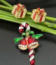 Vintage Happy Holidays Christmas Present Gift Earrings & Candy Cane Brooch Set