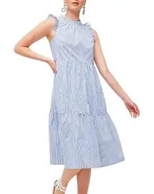 J. CREW Tiered Blue & White Stripe Flounce Searsucker Sleeveless Dress preppy
