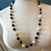 Trifari  cream  Faux Pearl Gold Tone black beaded long vintage necklace