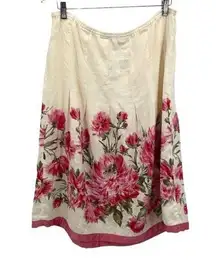 J Jill Womens Side Zip Floral Pleated Linen A-Line Midi Skirt Cream Pink Medium