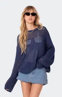 Edikted‎ Blue Star Knit Sweater Crochet Open Weave Women's Top Boho Indie Medium