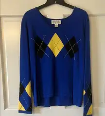Annie Blue Sweater with Argyle Pattern and Long Sleeves