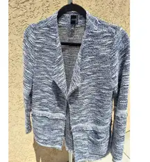 Rafaella Navy Blue & White Knit Cardigan with Fringe & Metallic Sweater