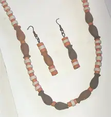 MAKU Brown and Cream Pottery Beaded Boho Necklace and Earring Set