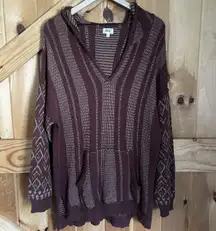 BKE Womans Large Root Beer Jacquard Hooded Pullover Sweater Oversized Open Weave