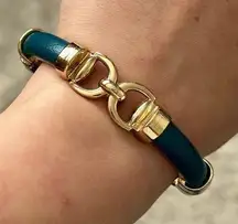 Charming Bracelet Equestrian Patterns Blue Leather and Gold Tone Metal