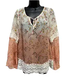 Taylor & Sage Floral‎ Chiffon Peach/Ivory Long Sleeve Tie Neck Blouse Size M