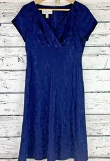 Donna Ricco Silk Midi Dress Dots Navy Blue Cap‎ Sleeves V-Neck Back Zip [Size 8]