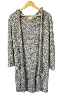 Poof Apparel Cozy Marled Hooded Long Cardigan Sweater‎ Duster Gray White Size M
