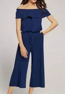 RALPH‎ LAUREN Blue Ruffle Off Shoulder Jersey Crop Wide Leg Jumpsuit Size S