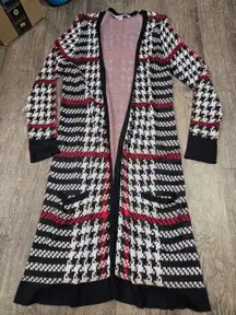 Valerie Stevens Black Red White Houndstooth Knit Longline Cardigan Sweater Large