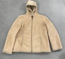 LL Bean Sherpa Lined Hooded Jacket Women L  Beige Faux Suede Full Zip