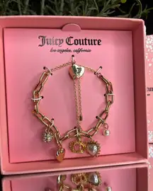 Juicy Couture Gold Charm Bracelet Pearl Heart Crown Rhinestone Adjustable NWT