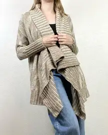 Anthropologie Staring at Stars Tan & White Herringbone Striped Open Face Waterfall Cardigan