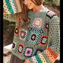 DAVI & DANI Sage Floral Crochet Knit Sweater with Striped Bell Sleeves