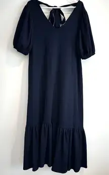 Gibson Latimer Navy Blue Maxi Dress Women's Large Ruffle Hem Puff Sleeve V-Neck