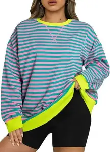 Women's Oversized Striped Long Sleeve Sweatshirt Soft Pullover Pink/Green Size S