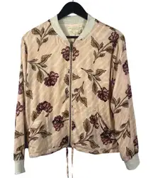 Saltwater Luxe Floral Print Bomber Jacket Women's S Beige Pink Zip Up Drawstring