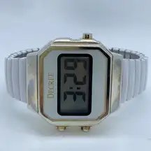 Vintage decree 36mm digital watch gold tone white stretch band size 6.5” runs