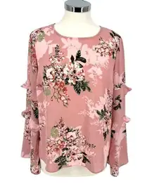 Maison Jules Floral Ruffle Sleeve Blouse Pink Size Medium