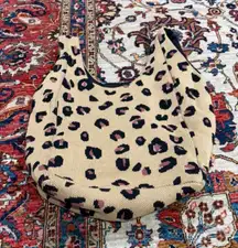 Hansel from Basel Knit Leopard Print Tote Bag Slouchy Shoulder Hobo Tan Cotton