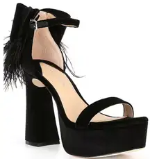 Janie Black Velvet Rhinestone Bow Feather Heels