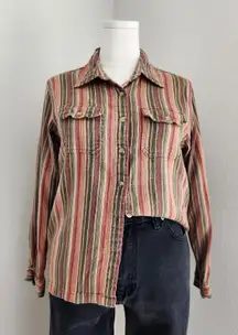 Vintage 90s Dressbarn Muted Brown Green Red Striped Long Sleeve Button Down Top
