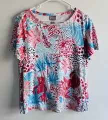 Chico's tropical-themed print with florals, leaves, and a leopard motif size L