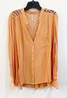 Free People “The Best” Crochet Button Down Blouse in Orange Size Small