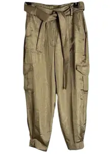 Express New Women’s Cargo Tie Waist Cropped Pants Mustard Satin Sheen Sz 0 Short