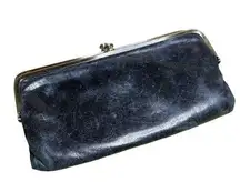 HOBO Lauren Vintage Black Leather Clutch Wallet Kisslock Floral Lining