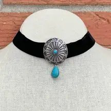 Crushed Velvet Choker Necklace with Concho & Faux Turquoise Teardrop