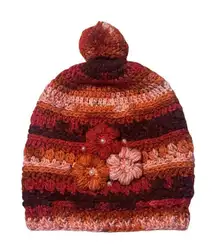 New Pom Pom Knitted Orange Pink & Red 3 Flower Women’s Beanie Warm Winter Hat