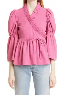 By Timo Pink Puff Sleeve  Wrap Top Twee Cottagecore Regency