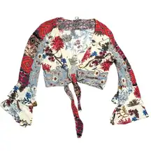 Umgee Tie Crop M Medium Top Bell Sleeve Boho Floral Hippie Patchwork Shrug Shirt