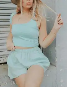 Red Berry Fashion Aqua One Shoulder Crop Top