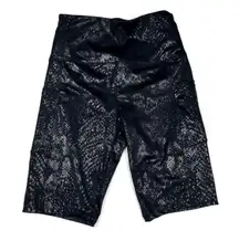 Black High Waisted Athletic Metallic Skakeskin Print Pocket Biker Shorts