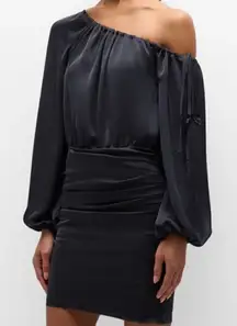 RAMY BROOK Louisa Long Sleeve Black One Shoulder Satin Mini Cocktail Dress Size 4