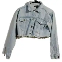 PrettyLittleThing Blue Cropped Jean Jacket with Raw‎ Hem