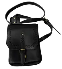 Stanley Street Leather Saddle Bag Purse Crossbody Black Brass Buckles Womens