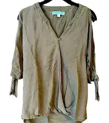 Alba De Olive Green V-Neck Wrap Blouse with Roll-Tab Sleeves CasualTop‎ A2