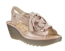 Fly London Ylfa Gold Metallic Leather Lace Up Wedge Shoes size 35 US 5