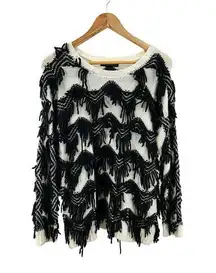 Grace Elements Womens Sweater Fringe black white Pullover Drop Long Sleeve Sz M