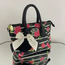 BETSEY JOHNSON Black White Striped Pink Rose Print Small Satchel Handbag Purse