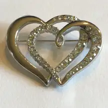 Vintage Silver Tone CZ Rhinestone Double Heart Brooch Shoulder Pin